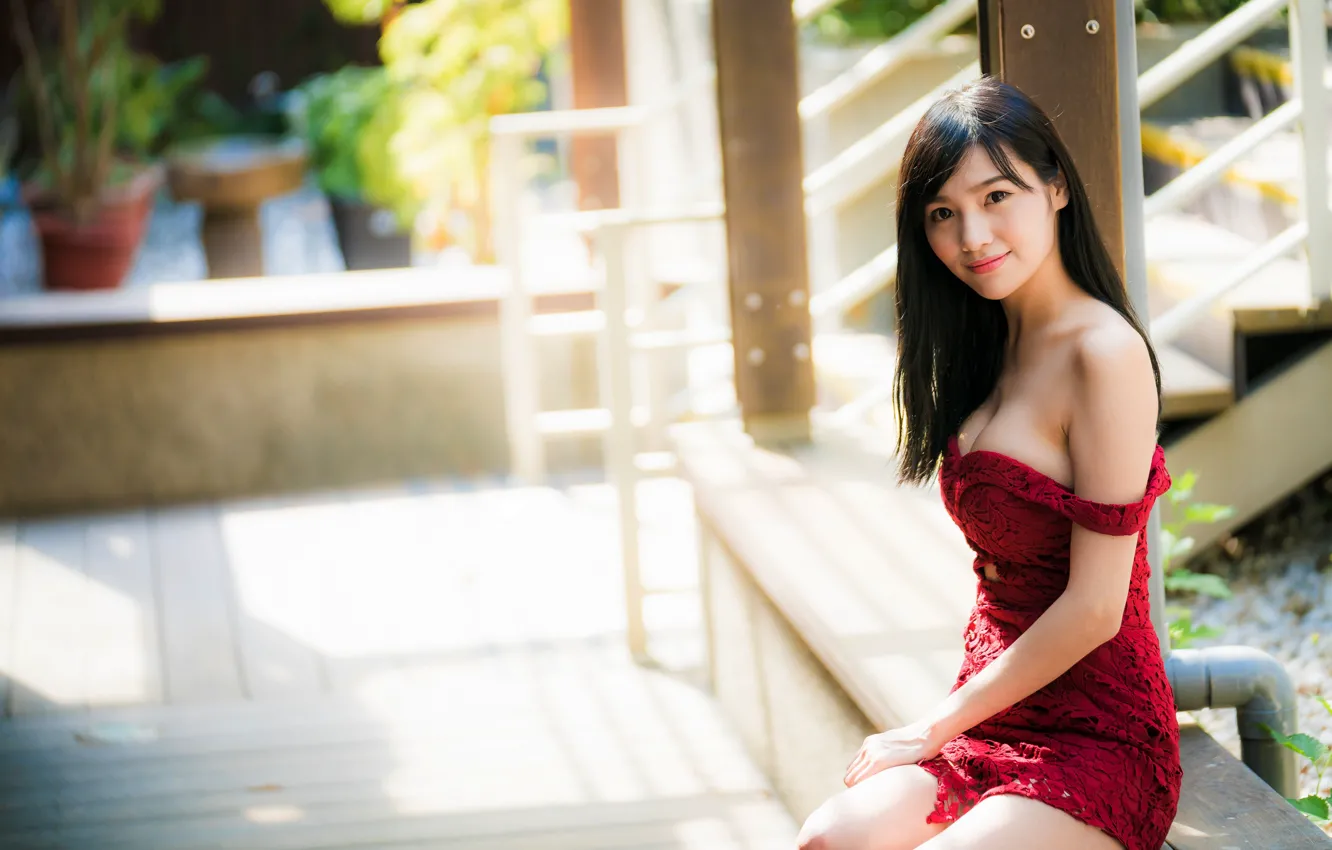 Photo wallpaper look, girl, Asian, cutie, bokeh, shoulder