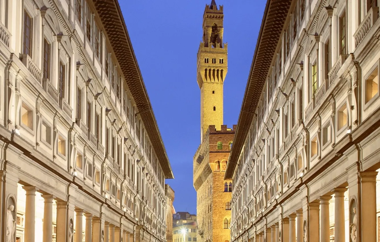 Photo wallpaper lights, tower, Italy, evening, Florence, buildings, Tuscany, The Palazzo Vecchio
