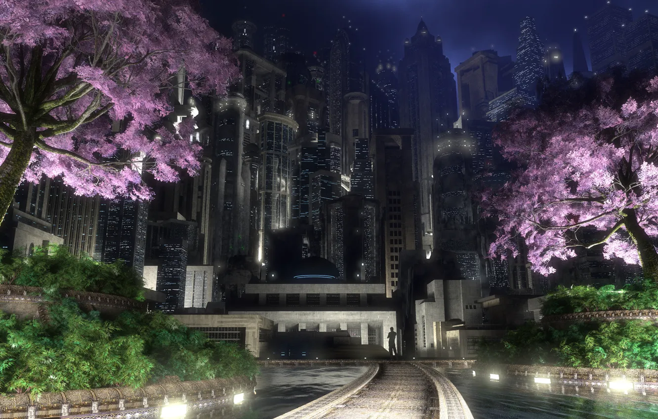 Photo wallpaper night, the city, lights, digital, spring, flowering trees, Gotham garden