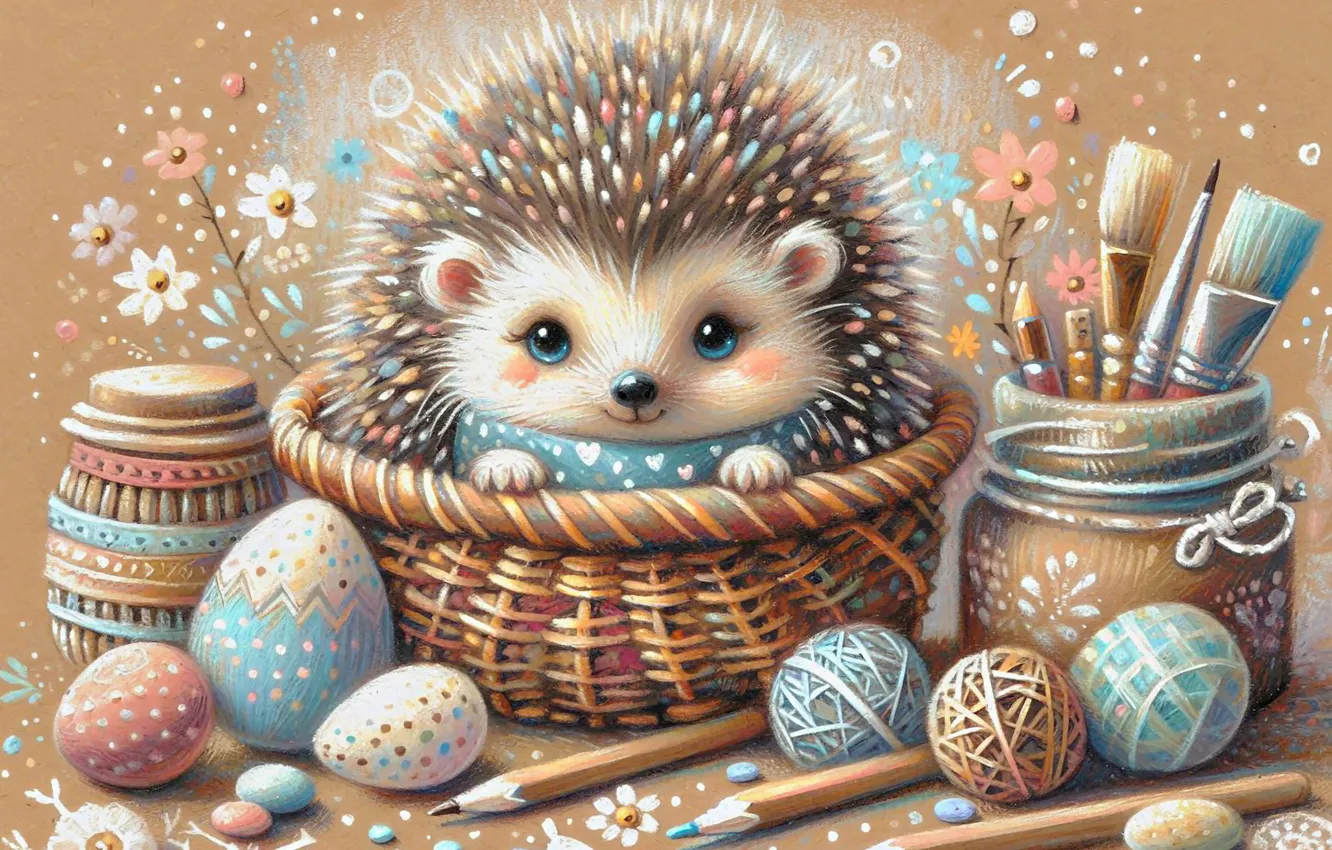 Photo wallpaper tangle, table, eggs, styling, pencils, Bank, basket, hedgehog