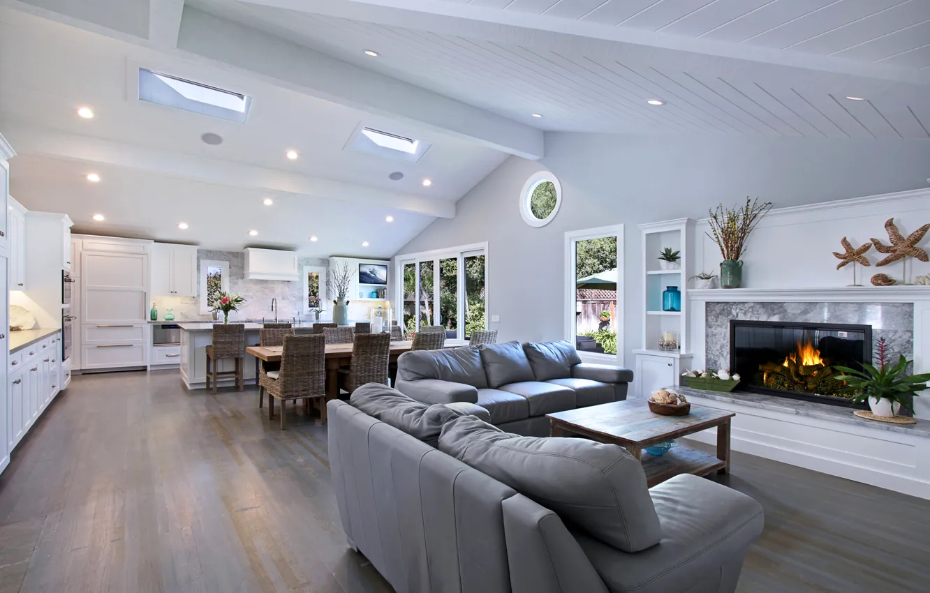 Photo wallpaper style, sofa, Villa, interior, kitchen, lamp, fireplace, luxury