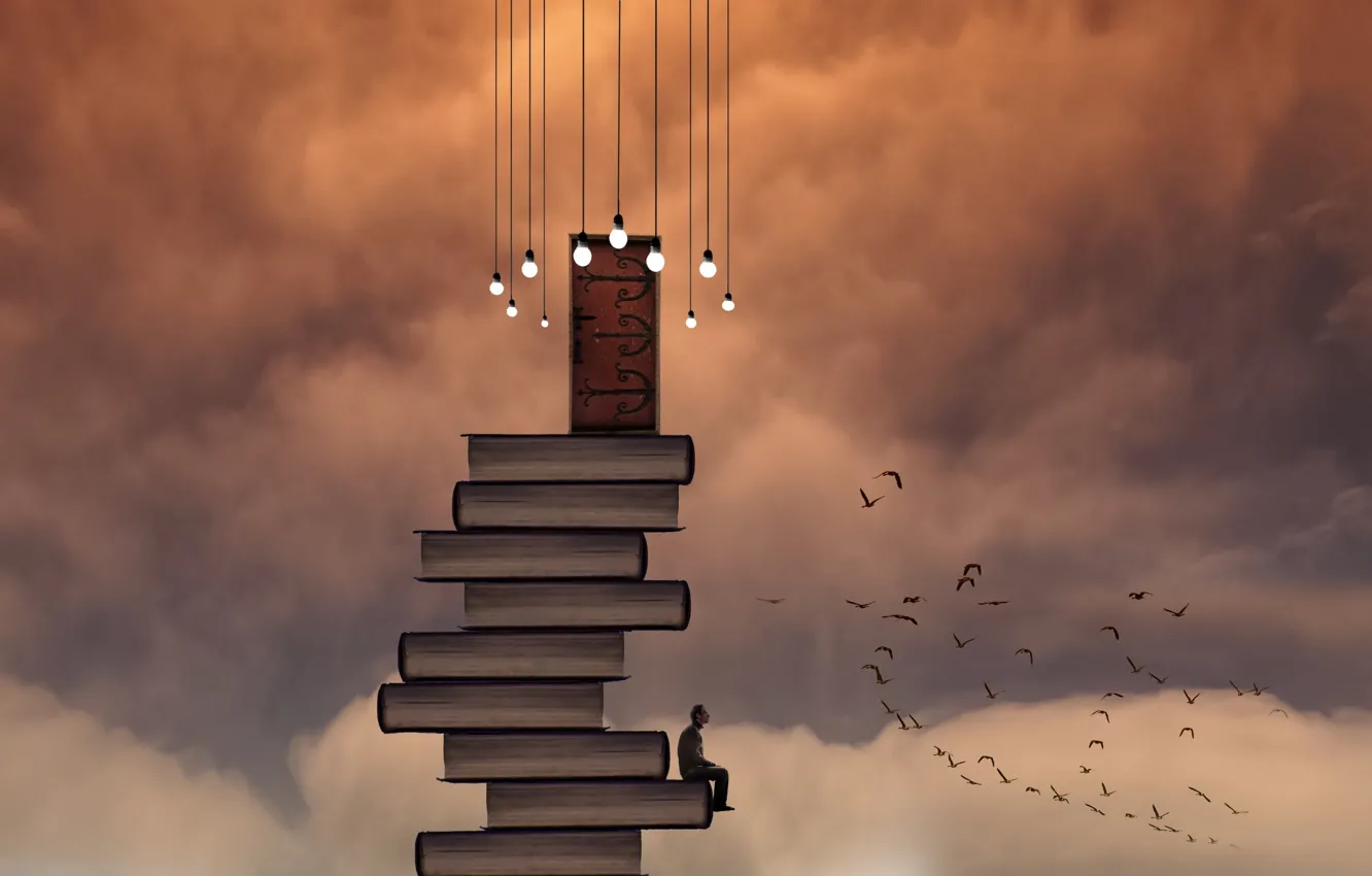 Photo wallpaper the sky, bird, people, the door, book