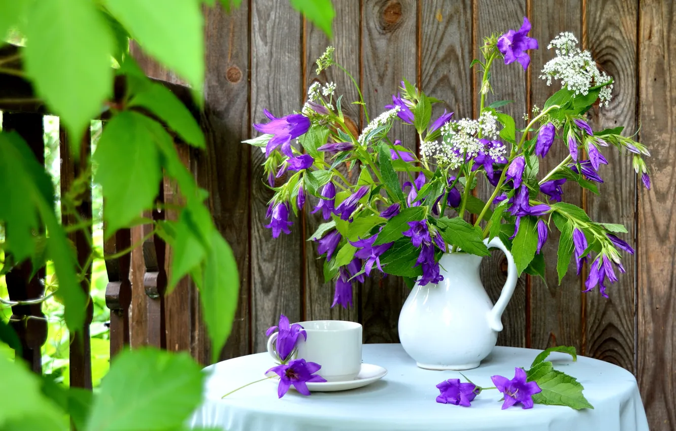 Photo wallpaper summer, Board, bouquet, Cup, pitcher, bells, cottage