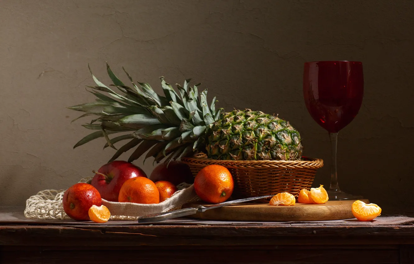 Photo wallpaper table, wine, apples, glass, knife, fruit, pineapple, still life