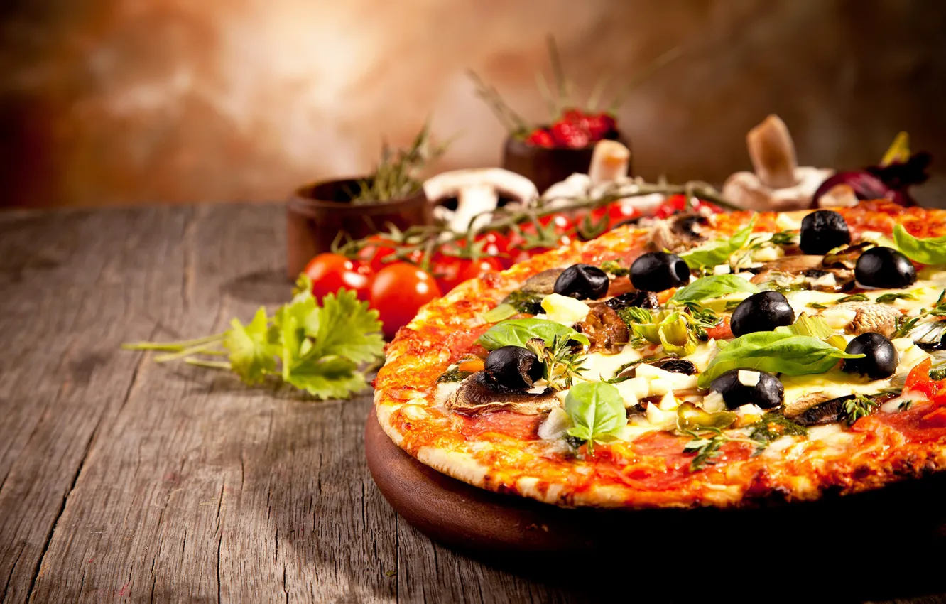 Photo wallpaper cheese, pizza, tomatoes, olives, sausage
