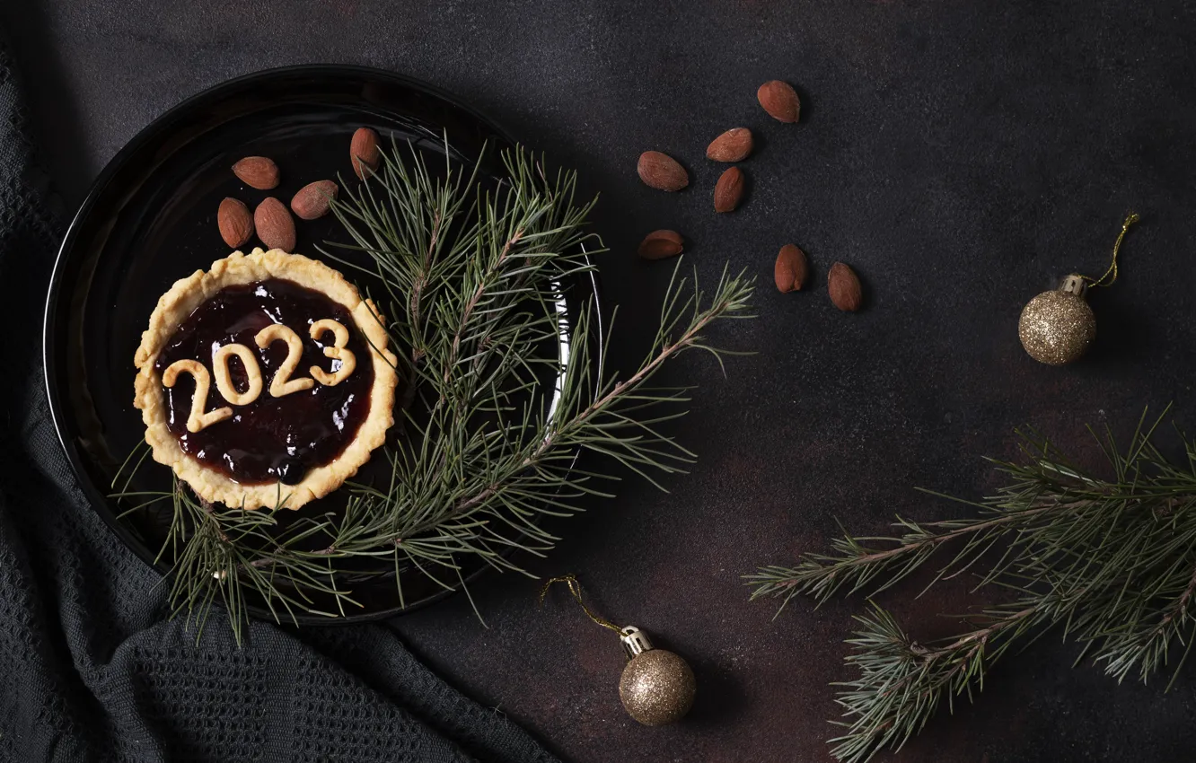 Photo wallpaper balls, branches, the dark background, holiday, new year, plate, figures, fabric