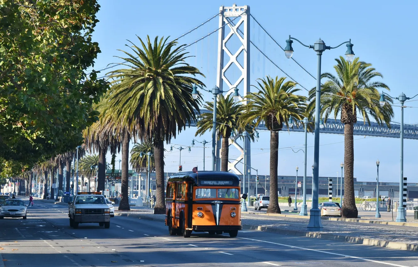 Photo wallpaper bridge, the city, palm trees, street, cars, San Francisco