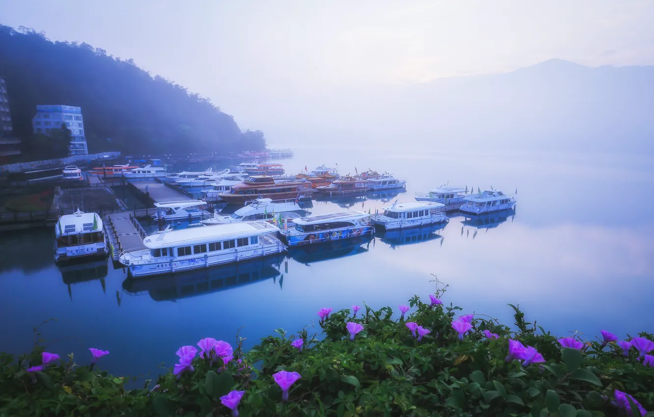 Photo wallpaper flowers, mountains, fog, shore, morning, port, haze, boats