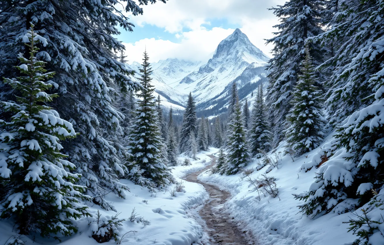 Photo wallpaper winter, road, forest, snow, mountains, tree, forest, nature