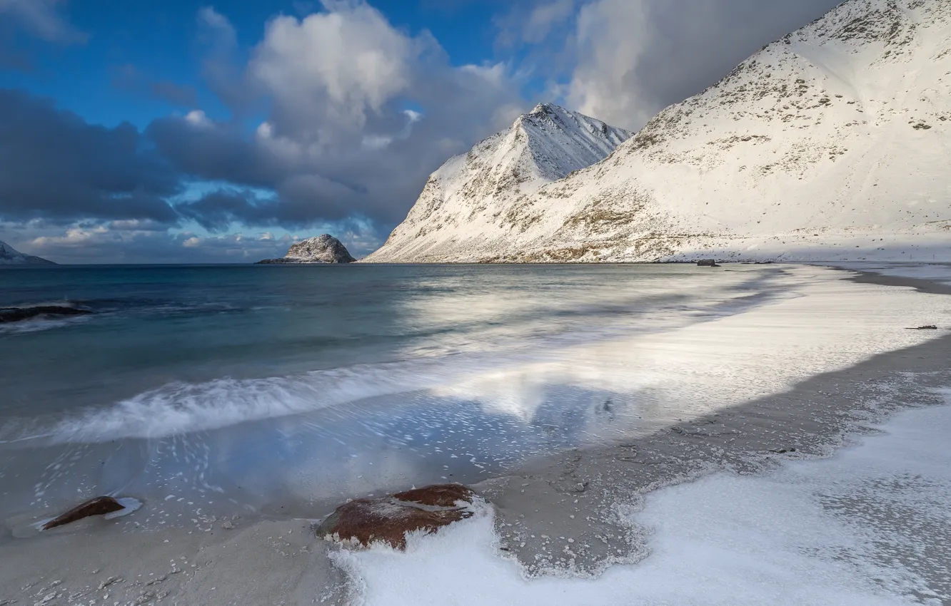 Photo wallpaper winter, sand, sea, beach, clouds, snow, landscape, mountains