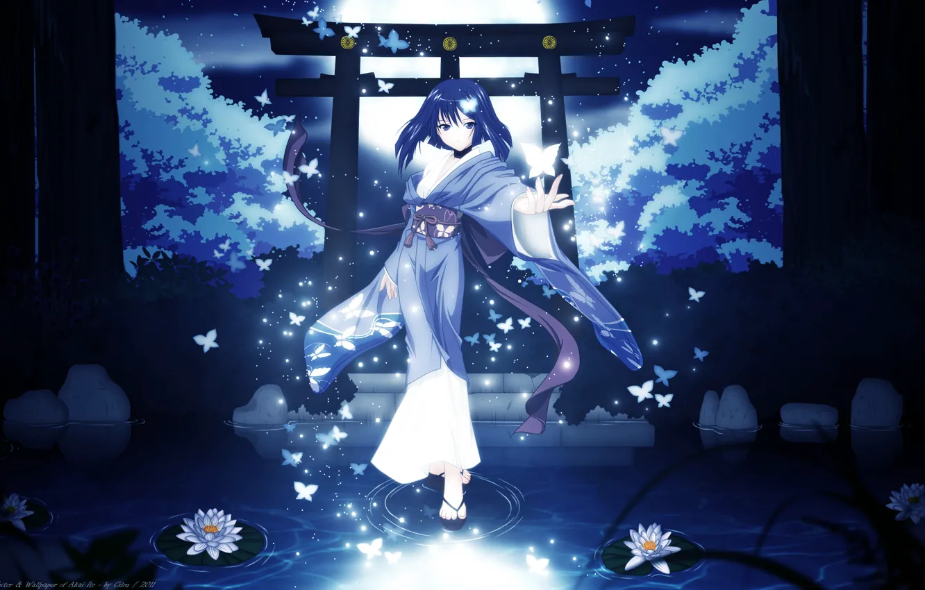Photo wallpaper girl, trees, butterfly, night, nature, the moon, anime, art