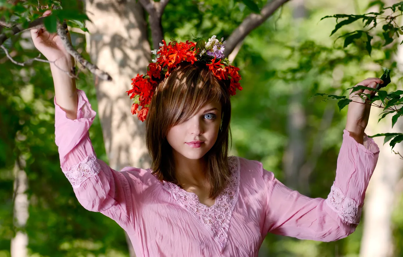 Photo wallpaper look, girl, trees, flowers, freshness, foliage, dress, brown hair