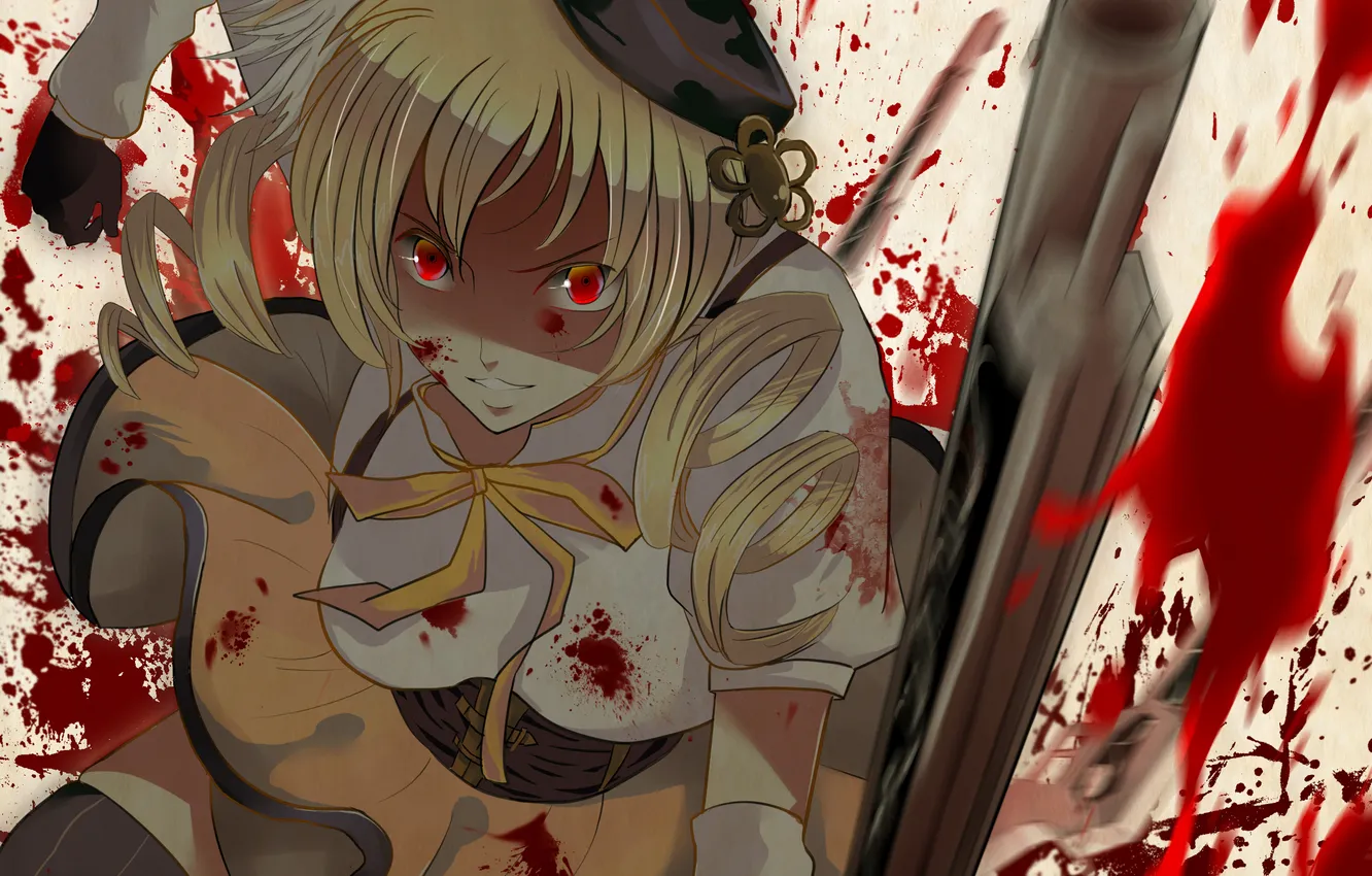Photo wallpaper girl, weapons, blood, hat, anime, art, mahou shoujo madoka magica, Girl Madoka