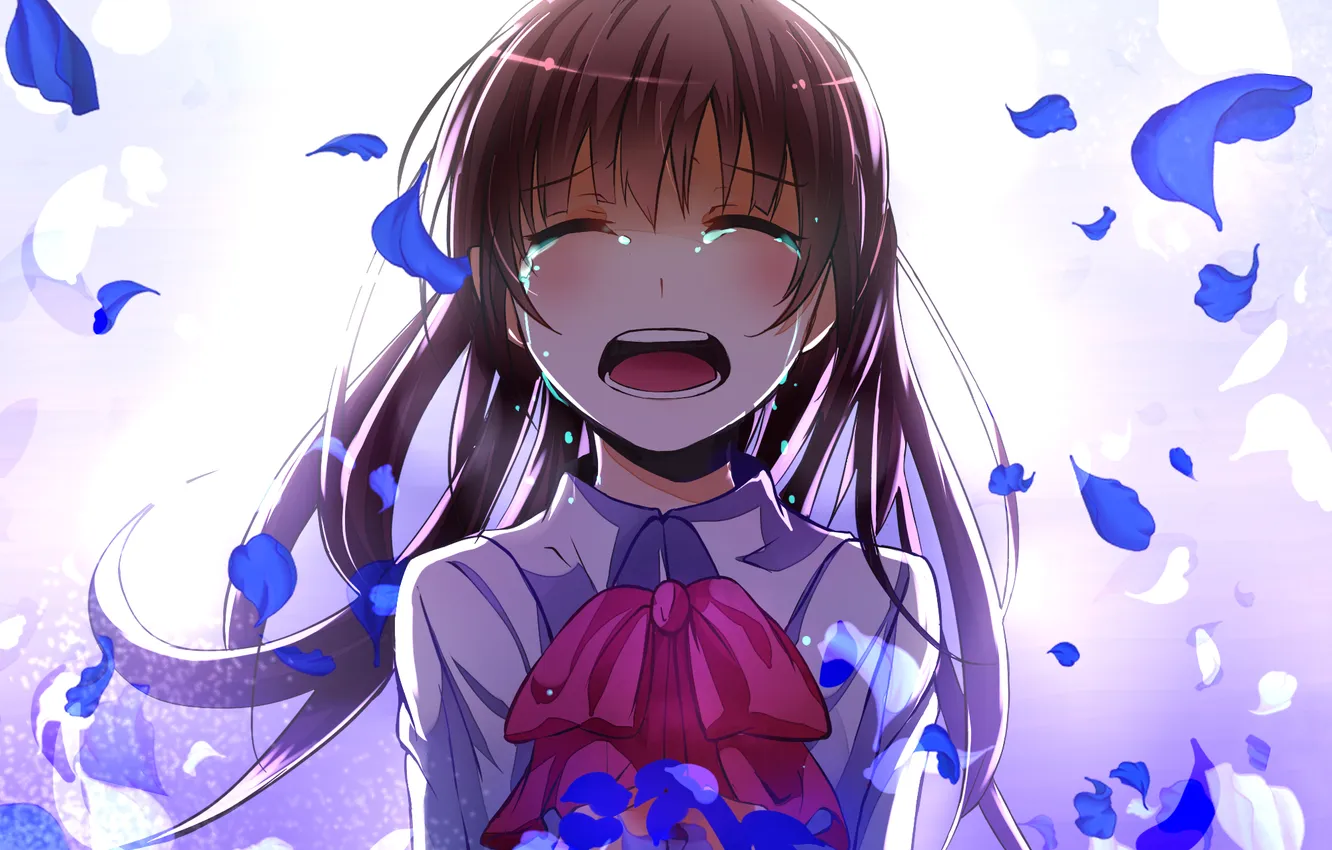 Photo wallpaper girl, petals, tears, art, schoolgirl, bow