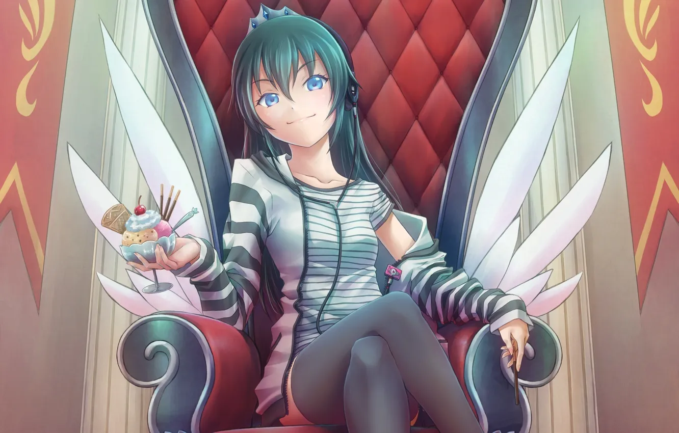 Photo wallpaper look, girl, smile, music, headphones, ice cream, sitting, art