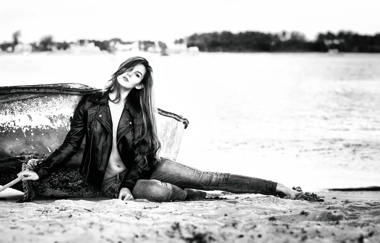 Photo wallpaper girl, shore, boat, jeans, Brittany