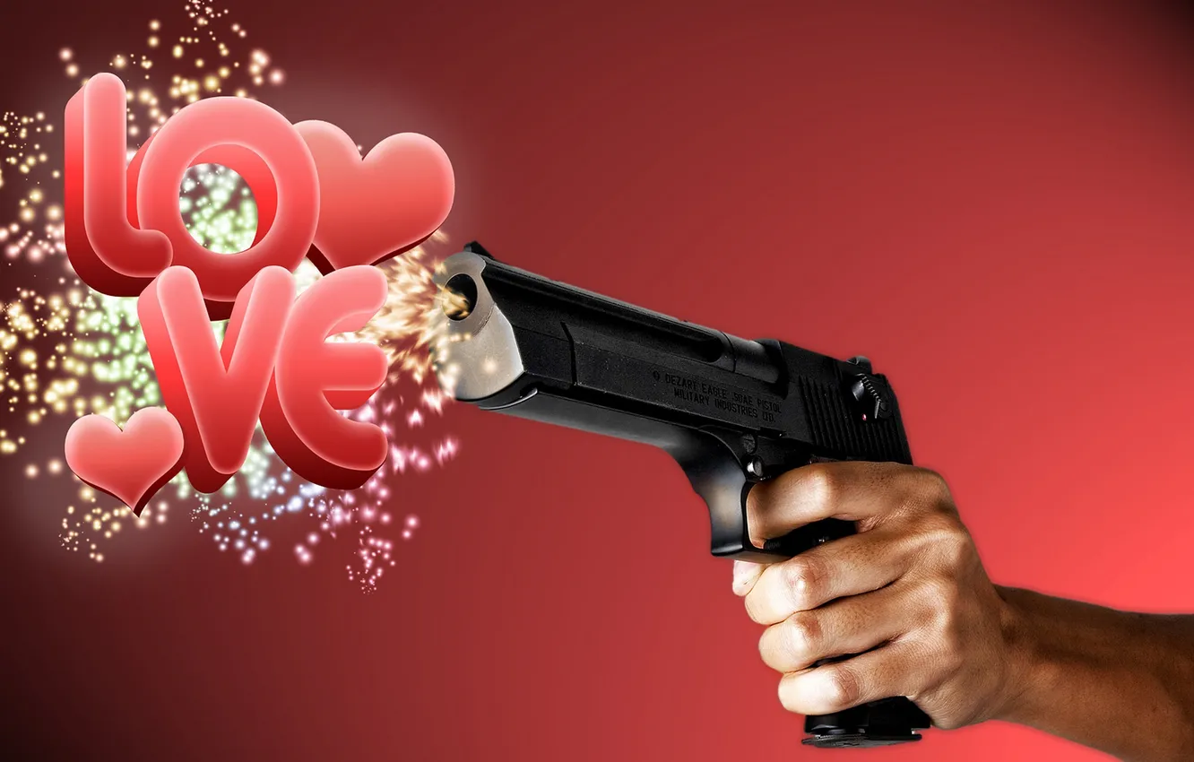 Photo wallpaper love, gun, hands, red background, i love you
