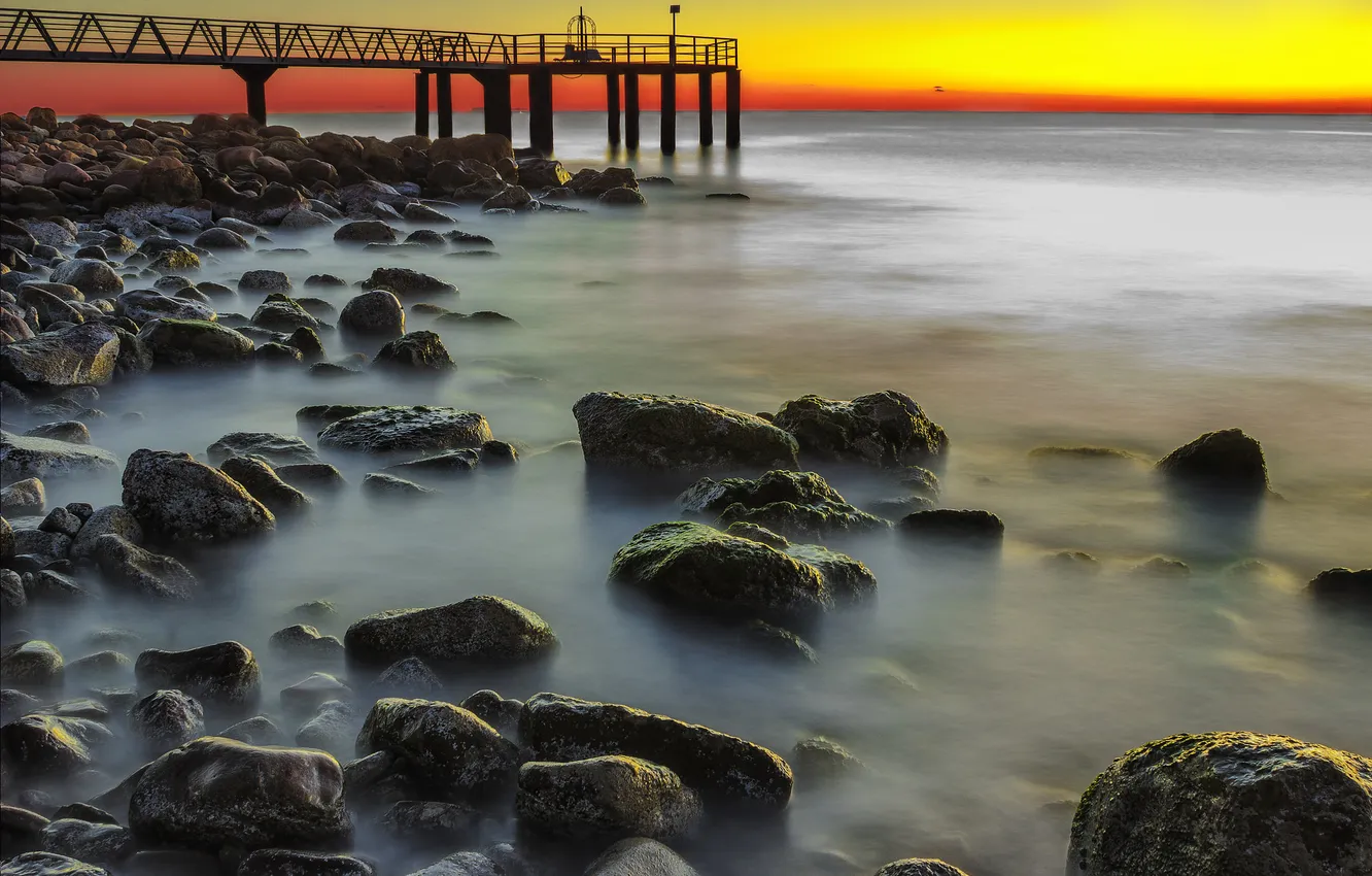 Photo wallpaper sea, the sky, clouds, stones, the evening, tide, pierce, support