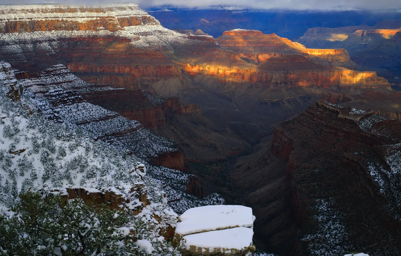 Photo wallpaper winter, snow, sunset, nature, canyon, plateau