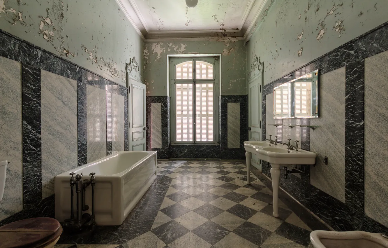 Photo wallpaper window, bathroom, abandoned, mirror, tub, doors, decay, bathtub
