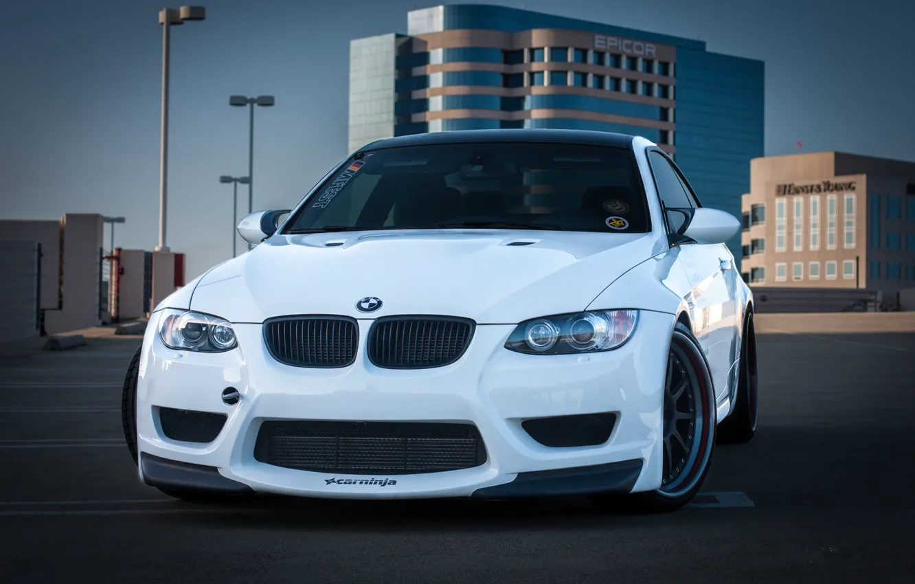 Photo wallpaper roof, white, the building, bmw, BMW, lights, Parking, white