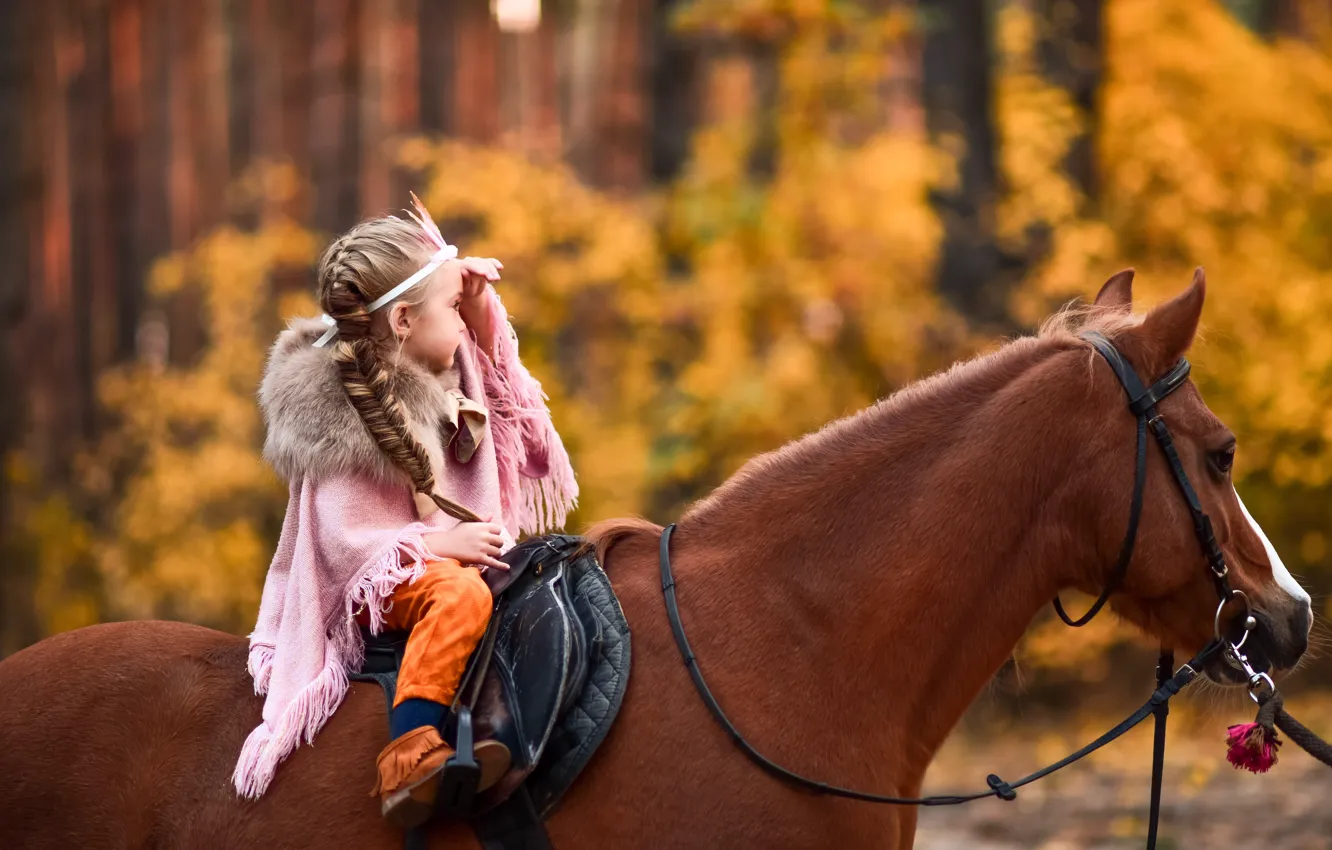 Photo wallpaper braids, children, girl, horse, top, horse, autumn, forest