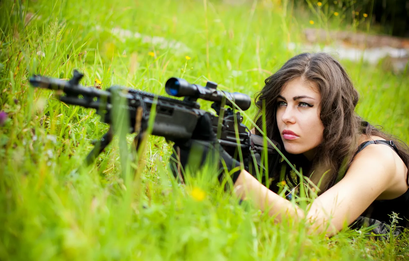 Photo wallpaper girl, weapons, background