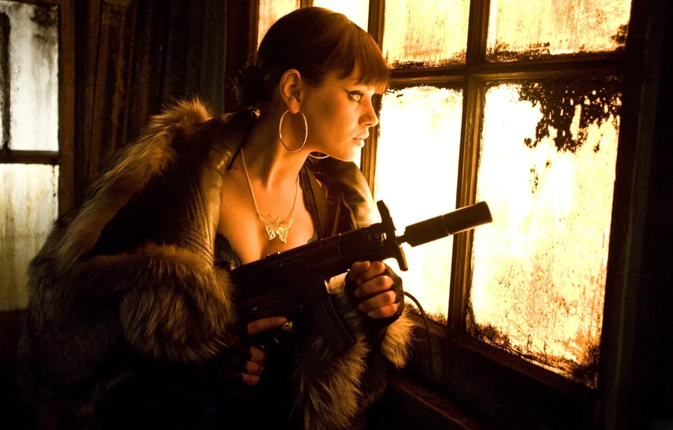 Photo wallpaper look, girl, necklace, window, machine