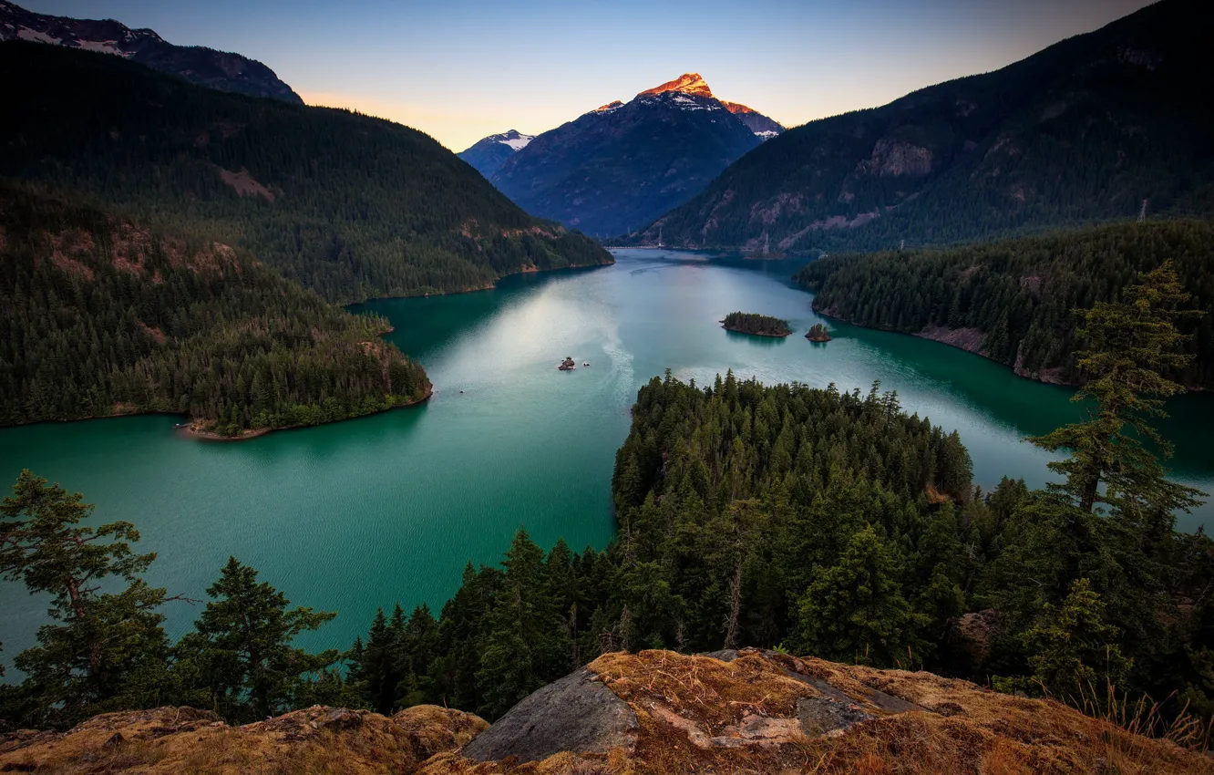 Photo wallpaper forest, mountains, lake, shore, view, pond