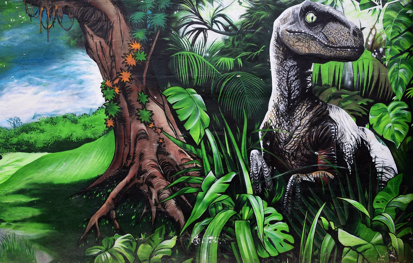 Photo wallpaper nature, wall, graffiti, dinosaur, graffiti