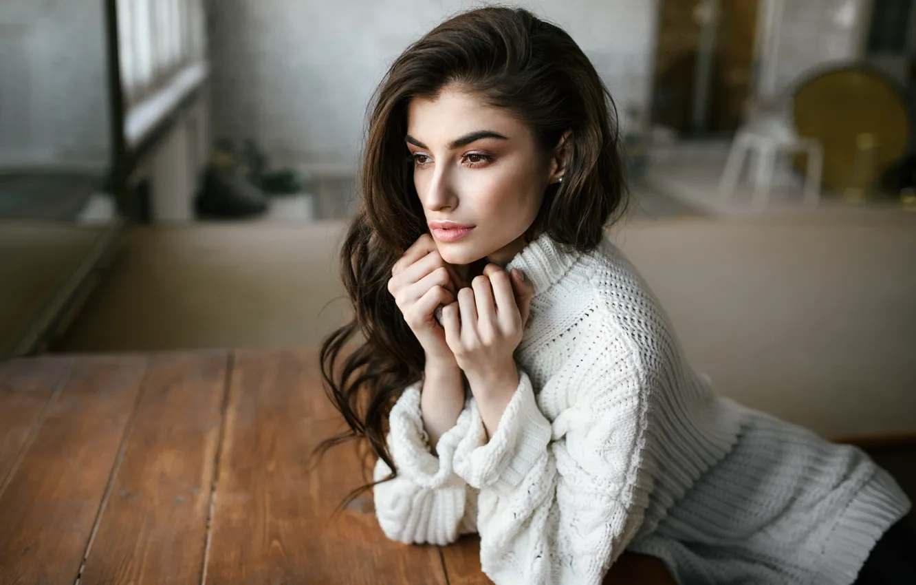 Photo wallpaper look, girl, face, pose, hands, long hair, sweater, Igor Kondakov