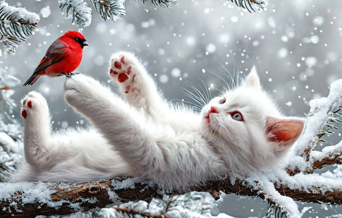 Photo wallpaper winter, white, cat, kitty, bullfinch, white cat, AI ART, neural network