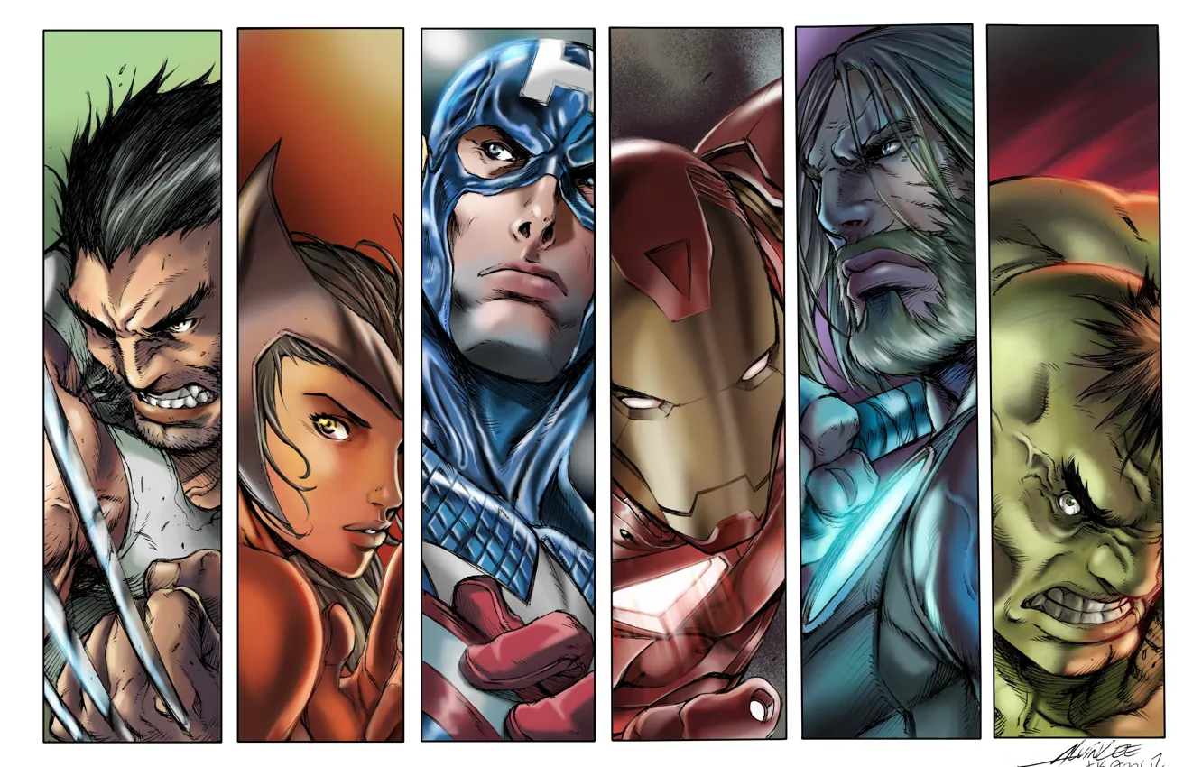 Photo wallpaper Hulk, Wolverine, Iron Man, Marvel, Captain America, Thor, Scarlet Witch