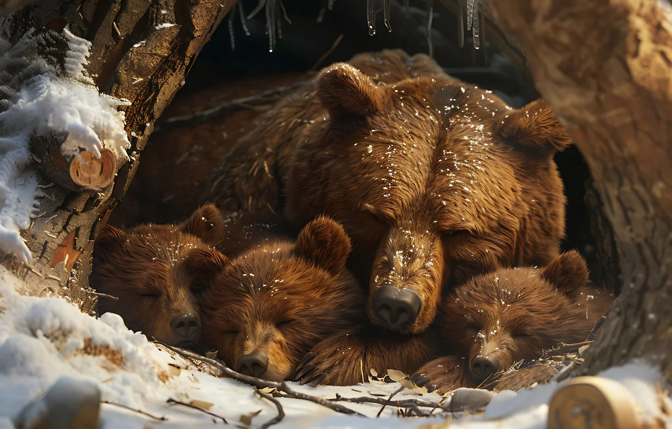 Photo wallpaper Winter, Sleep, Digital art, Four, Brown bear, Bears, Predator, The bear