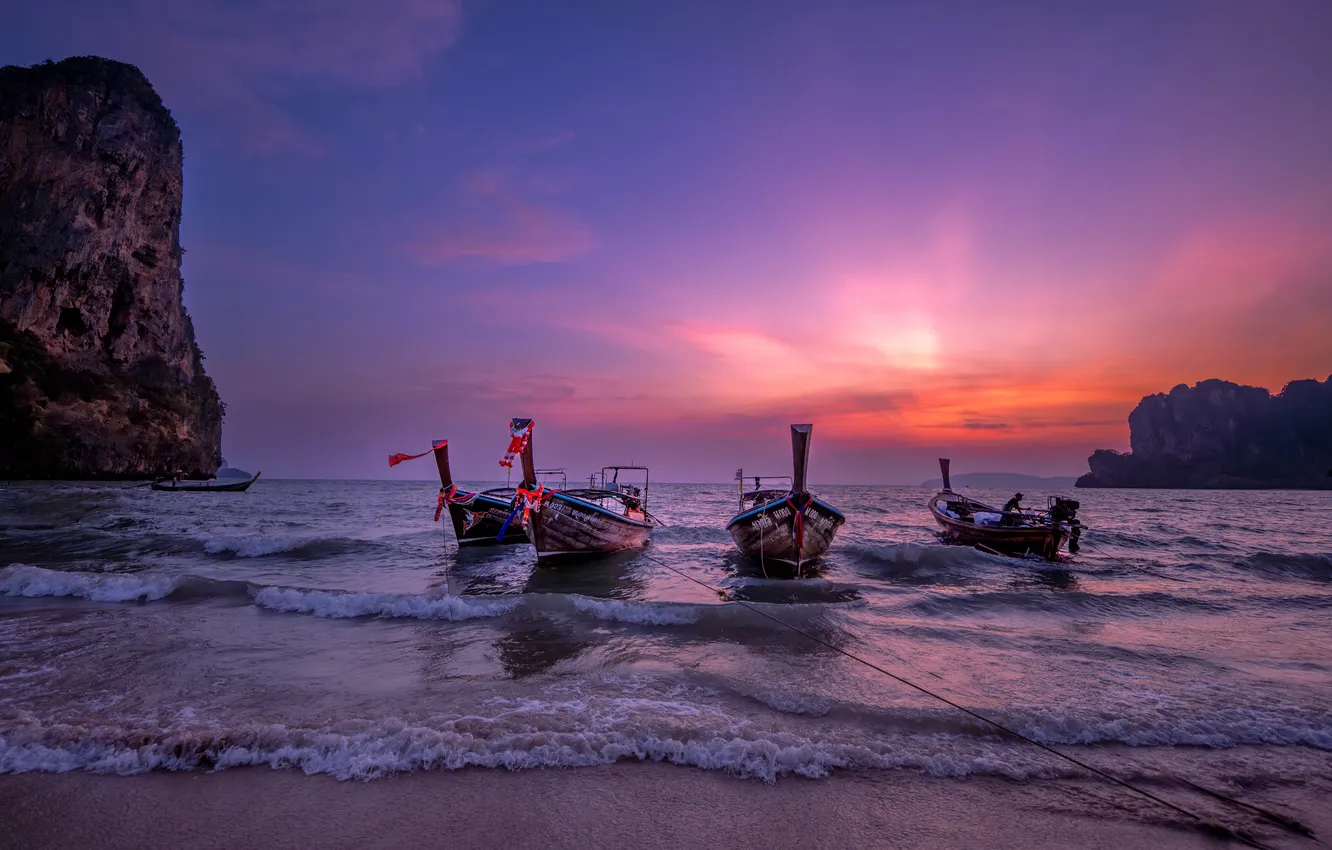 Photo wallpaper sea, night, shore, boat
