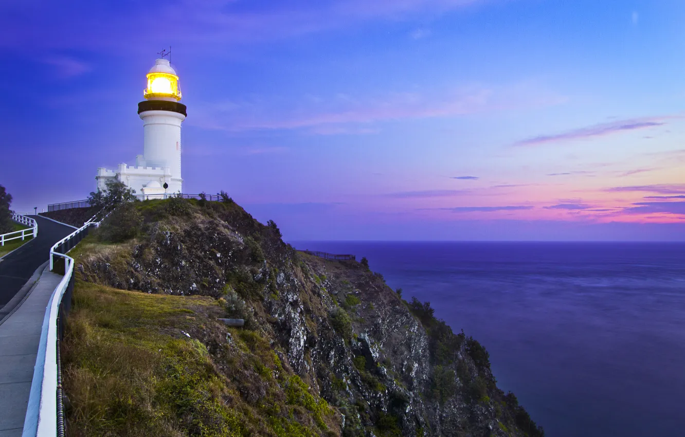 Photo wallpaper road, sea, the sky, sunset, rocks, lighthouse
