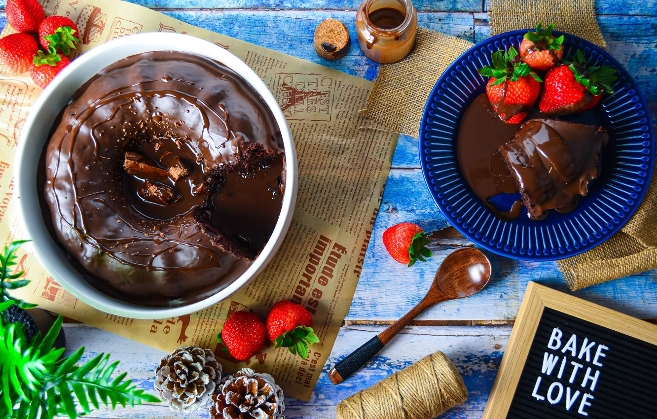 Photo wallpaper berries, plant, food, chocolate, strawberry, plate, pie, spoon