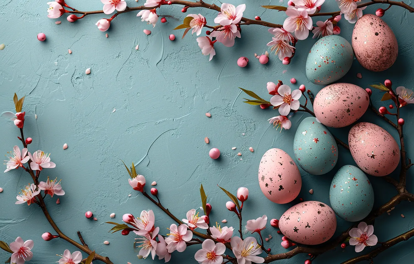 Photo wallpaper flowers, eggs, spring, colorful, Easter, happy, pink, blossom