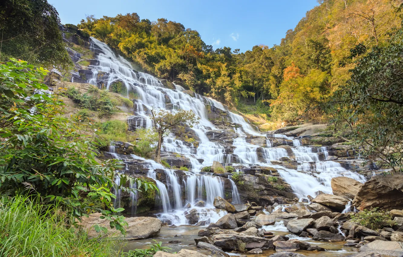 Photo wallpaper mountains, rocks, waterfall, the bushes
