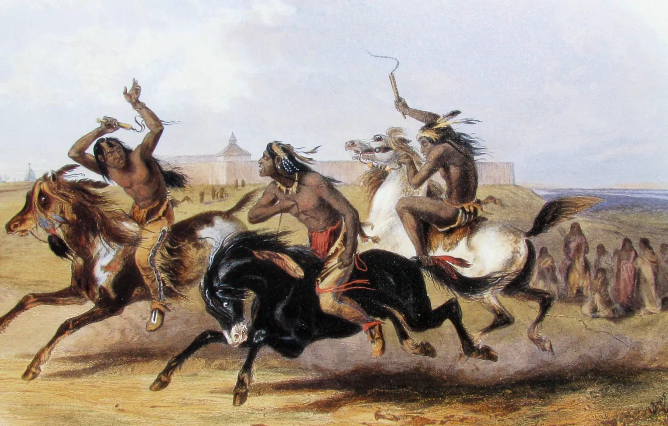 Photo wallpaper picture, painting, painting, Karl Bodmer, Bodmer, Horse Racing of the Sioux (Source), 1839
