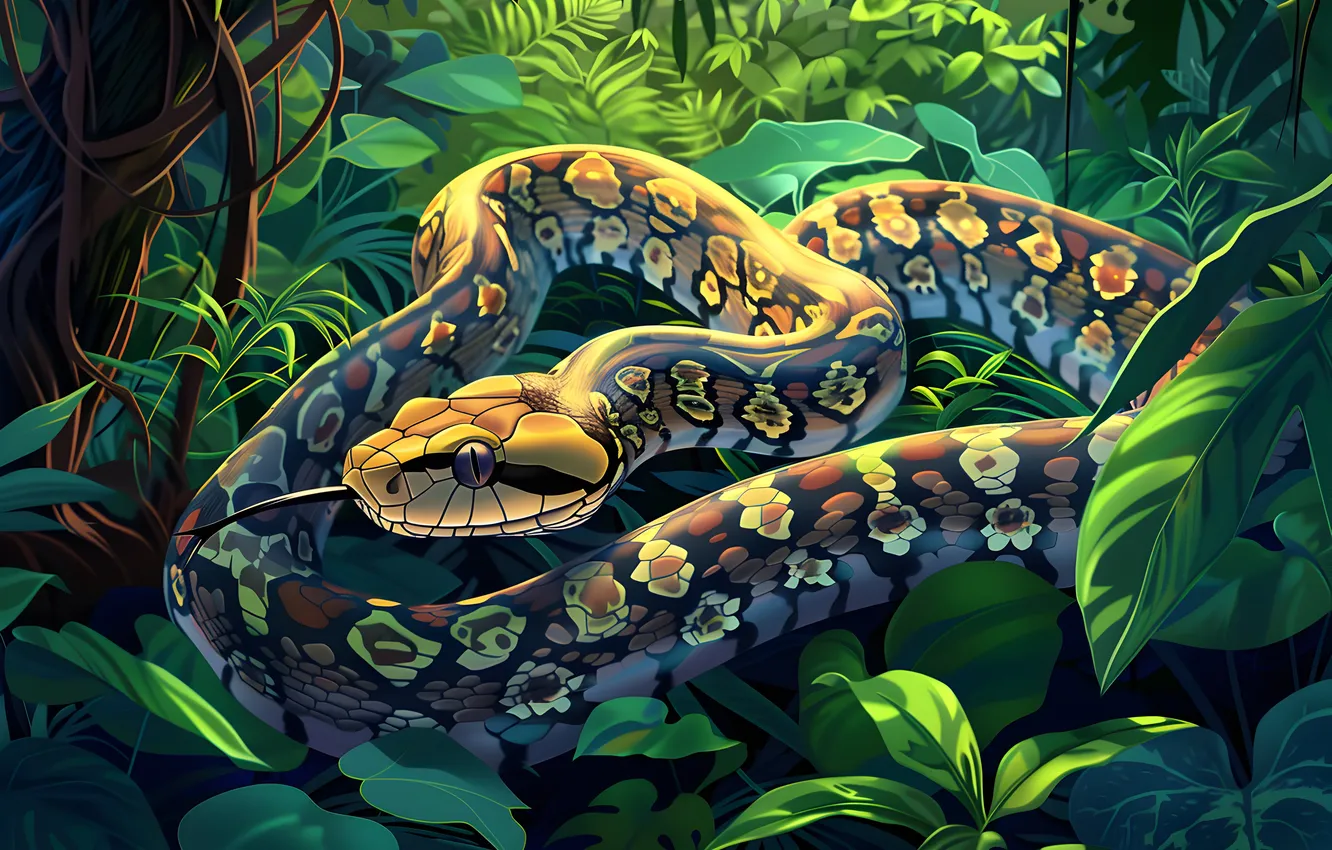 Photo wallpaper Grass, Snake, Leaves, Jungle, Art, Reptile, Animal, Digital art