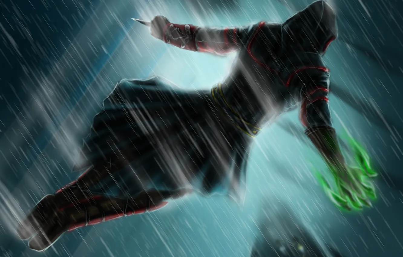 Photo wallpaper weapons, rain, the game, art, hood, assassins creed