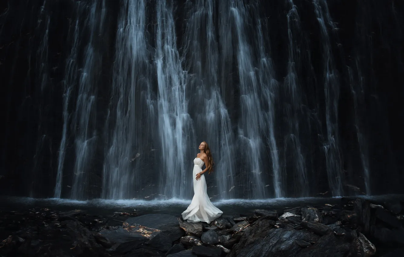 Photo wallpaper girl, nature, waterfall