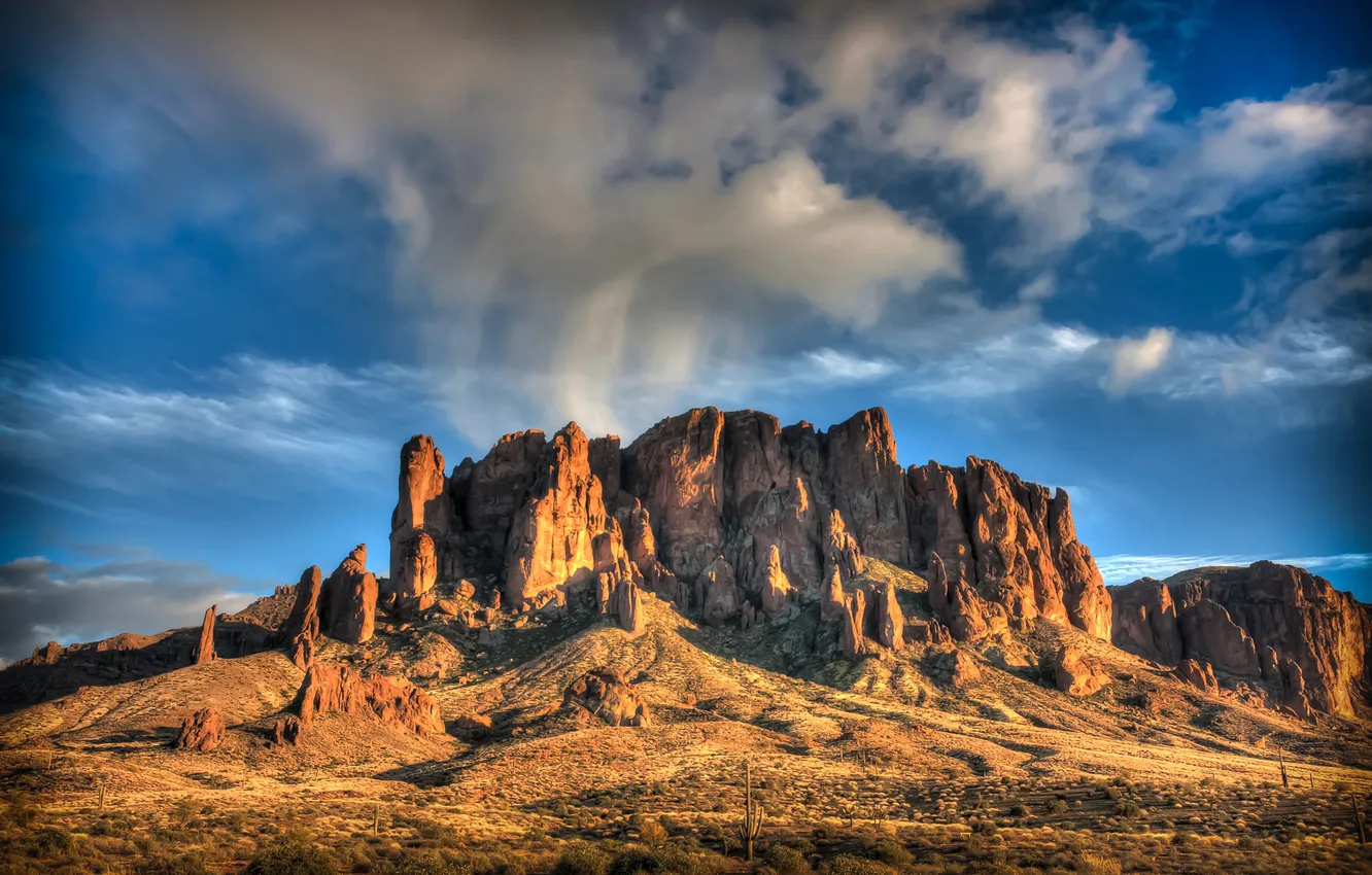 Photo wallpaper the sky, clouds, mountains, rocks, slope, relief, ridge
