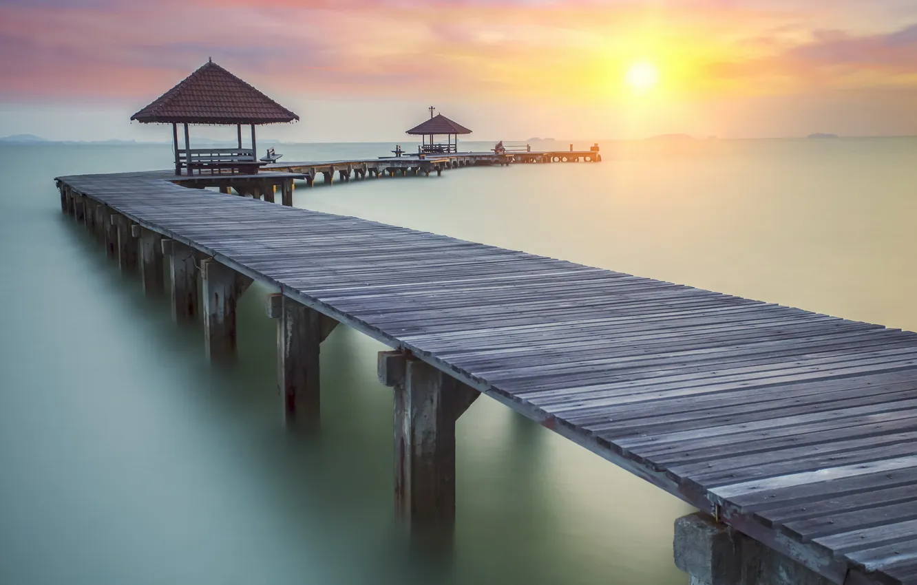 Photo wallpaper Thailand, beach, bridge, bay, Wooded bridge