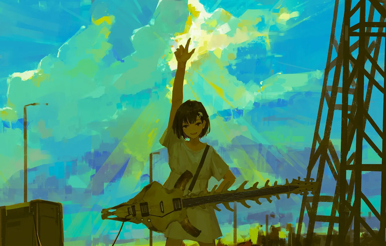 Photo wallpaper the sky, girl, guitar, skeleton, by XilmO