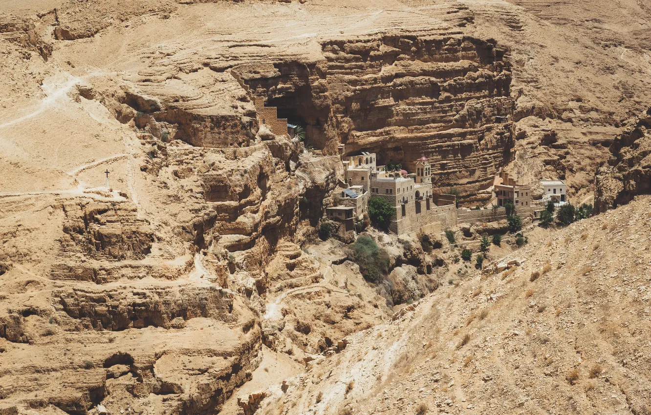 Photo wallpaper city, mountains, hillside, cliff, arid