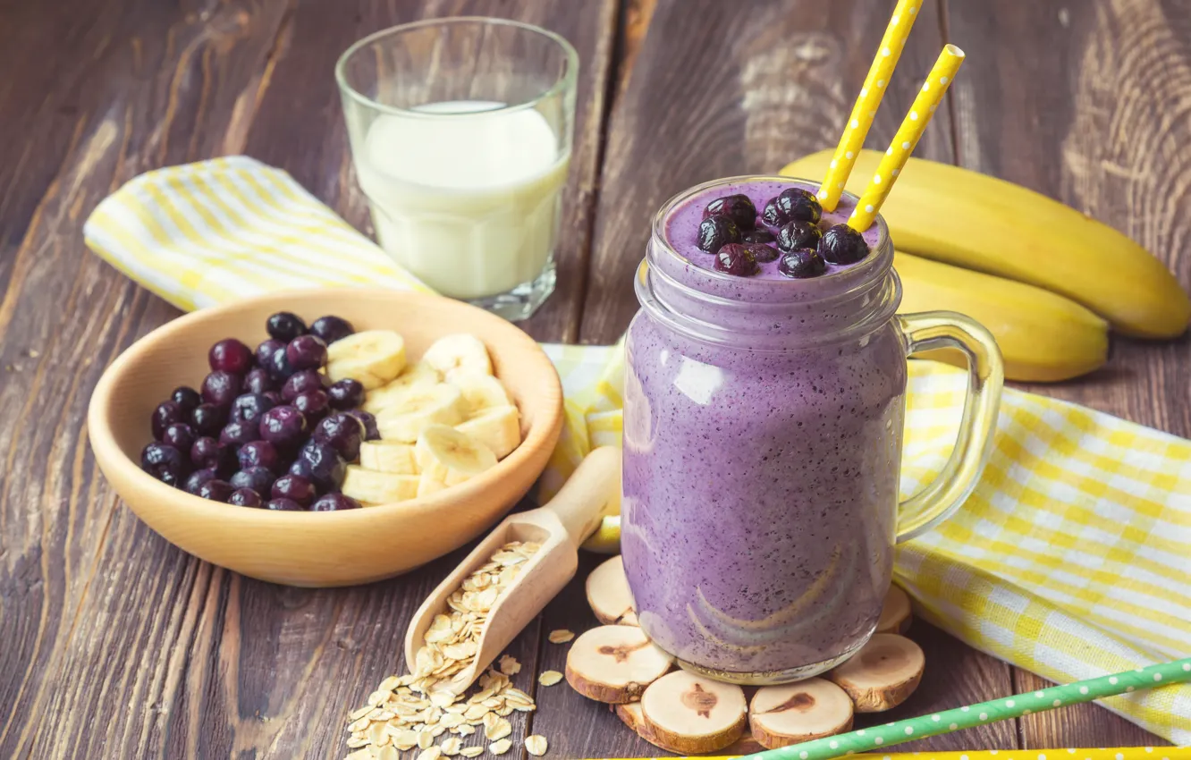 Photo wallpaper berries, milk, bananas, cocktail, cocktail, berries, milk, muesli