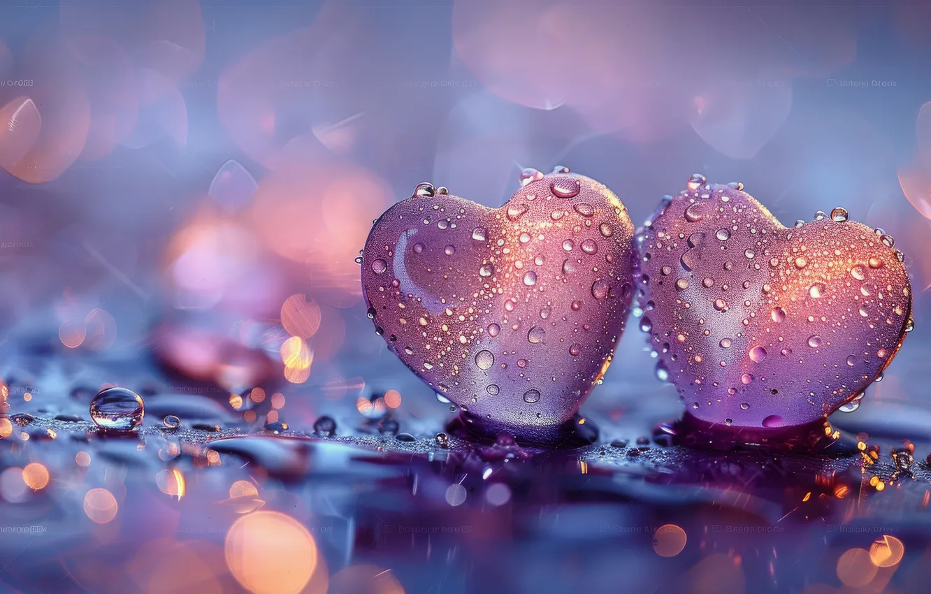 Photo wallpaper water, drops, love, holiday, heart, hearts, pink, Valentine's day