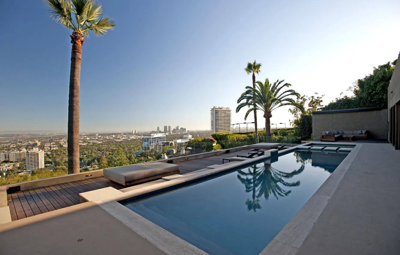 Photo wallpaper the city, palm trees, sofa, interior, pool, table, sun loungers
